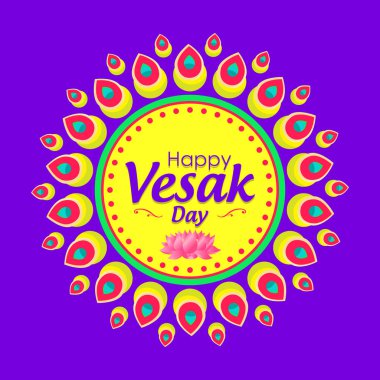 Yazı ile renkli etiket ile şenlikli Vesak Günü poster ve parlak mor zemin üzerine pembe lotus