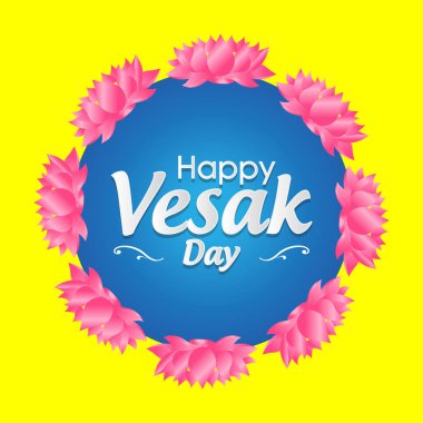 Festival Vesak Günü poster lotus çelenk ve Sarı zemin üzerine mavi daire yazı ile