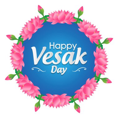Festival Vesak Günü poster lotus çelenk ve beyaz arka plan üzerinde izole mavi daire yazı ile