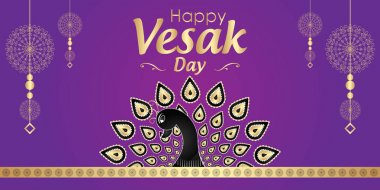 Yazı ve çelenk mor zemin üzerine siyah tavus kuşu ile şenlikli Vesak Günü poster