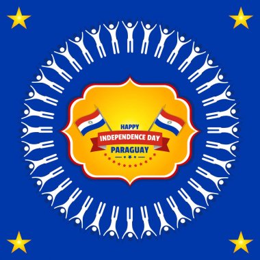 Poster to Paraguay Independence Day with winding flags on yellow label on blue background with circle made of people clipart