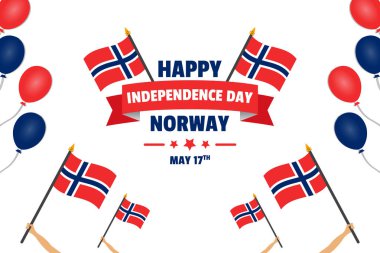Poster sarma bayrakları ve beyaz arka plan üzerinde izole balon holding insan eller ile Norveç Bağımsızlık günü