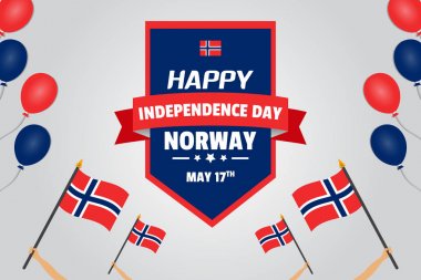 Poster, Norveç Bağımsızlık günü insan ile sarma bayrakları tutan eller ve gri arka plan üzerinde balonlar