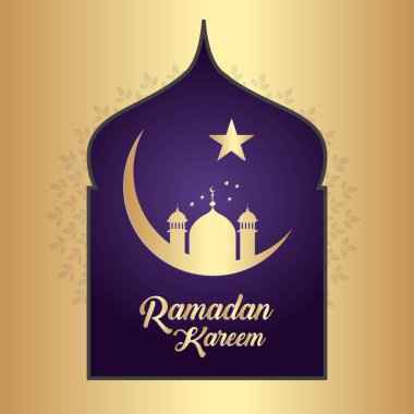 Ramazan Kareem poster penceresi, yıldız, ay ve degrade altın zemin üzerine Camii