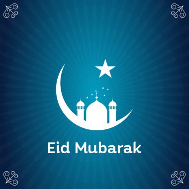 Ramazan Kareem poster penceresi, yıldız, ay ve degrade mavi zemin üzerine Camii