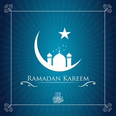 Ramazan Kareem poster penceresi, yıldız, ay ve degrade mavi zemin üzerine Camii