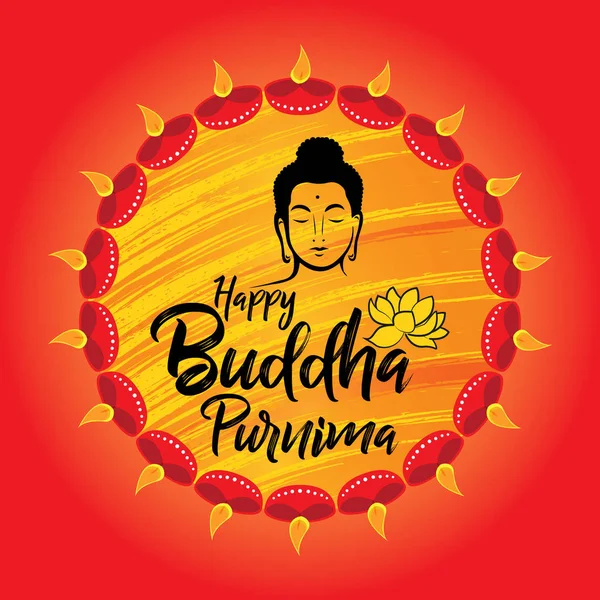 Banner Buda Purnima Feliz Com Rosto Buda Círculo Feito Lâmpadas — Vetor de Stock