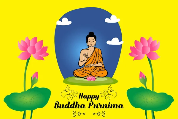 Banner Buda Purnima Feliz Com Buda Lótus Letras Fundo Amarelo — Vetor de Stock