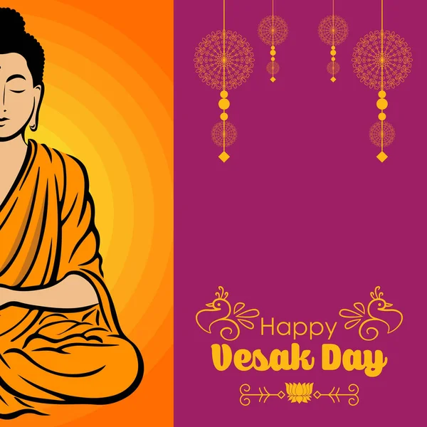 Affiche Vesak Day Avec Bouddha Assis Lettrage Sur Fond Orange — Image vectorielle