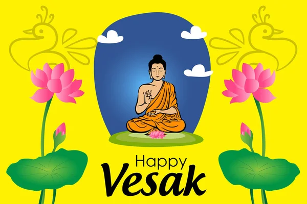 Poster Vesak Day Avec Bouddha Assis Lotus Lettrage Sur Fond — Image vectorielle