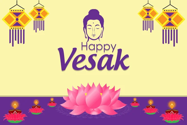 Vesak Day Affiche Avec Contour Bouddha Lettrage Lotus Lampes Brûlantes — Image vectorielle