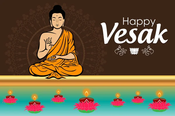 Poster Vesak Day Avec Bouddha Assis Lampes Allumées Lettrage Sur — Image vectorielle