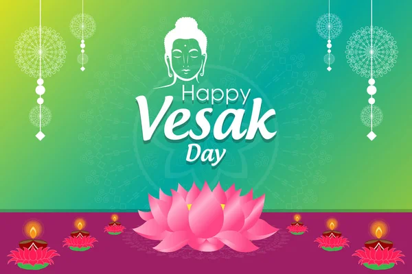 Vesak Day Affiche Avec Contour Bouddha Lettrage Lotus Lampes Brûlantes — Image vectorielle