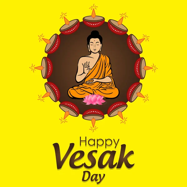 Happy Vesak Day Affiche Avec Bouddha Assis Cercle Brun Avec — Image vectorielle