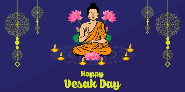 Happy Vesak Day Poster Sitting Buddha Lotuses Burning Lamps Blue — Stock Vector