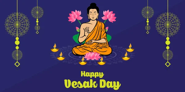 Cartaz Feliz Dia Vesak Com Sentado Buda Com Lótus Lâmpadas — Vetor de Stock