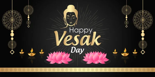 Happy Vesak Day Affiche Avec Bouddha Visage Lotus Guirlandes Sur — Image vectorielle