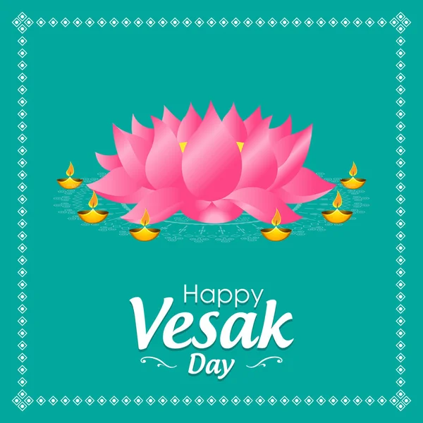 Cartaz Feliz Dia Vesak Com Lótus Lâmpadas Chamas Letras Quadro — Vetor de Stock