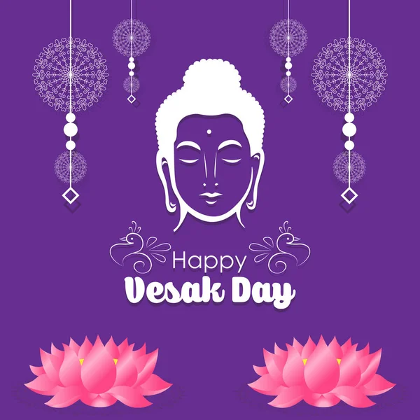 Happy Vesak Day Affiche Avec Contour Bouddha Guirlandes Lettrage Sur — Image vectorielle