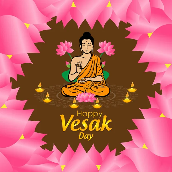 Design Festivo Vesak Day Con Buddha Seduto Scritte Loto Candele — Vettoriale Stock