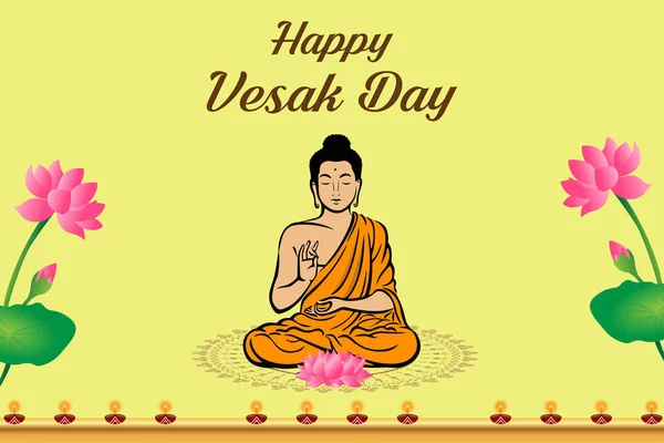 Festive Vesak Day Design Avec Bouddha Assis Lettrage Avec Des — Image vectorielle