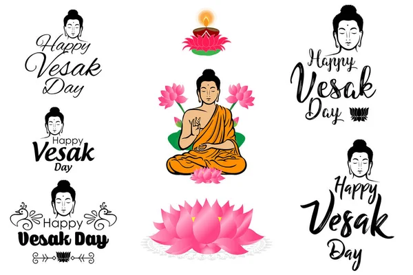 Design Festivo Vesak Day Con Buddha Seduto Loto Scritte Isolate — Vettoriale Stock