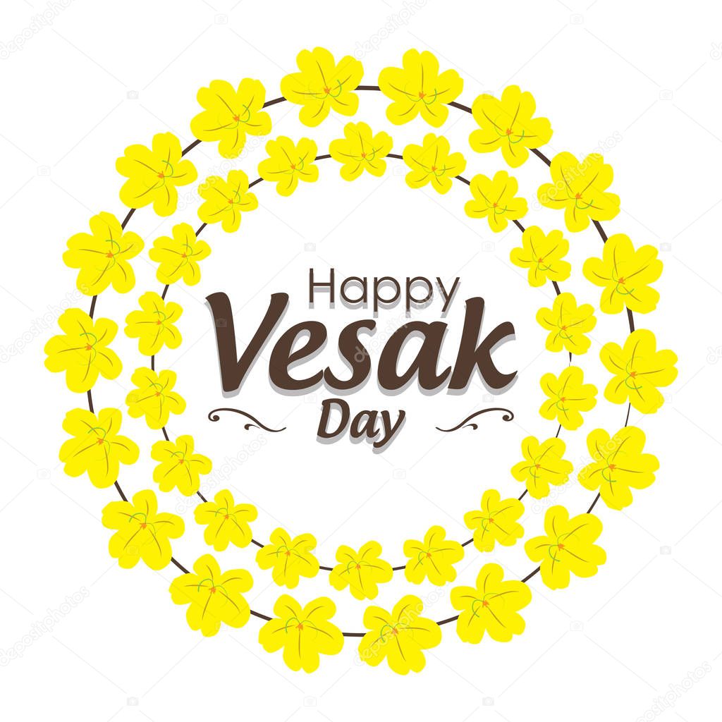 Festive Vesak Day poster with yellow flowers and lettering isolated on white background