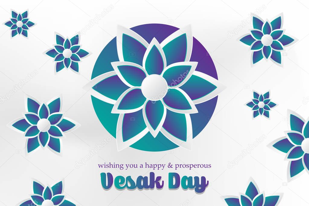 Festive Vesak Day design with gradient green and purple mandalas and lettering isolated on white background