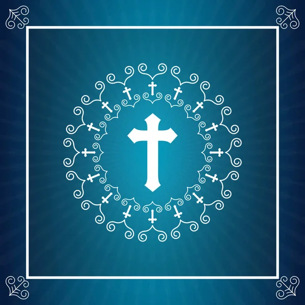Pentecost Sunday Poster Cross Doodle Circle Frame Gradient Blue Background — Stock Vector