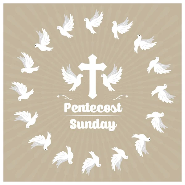 Svatodušní Neděle Banner Bílými Holubicemi Kříž Béžové Pozadí — Stockový vektor