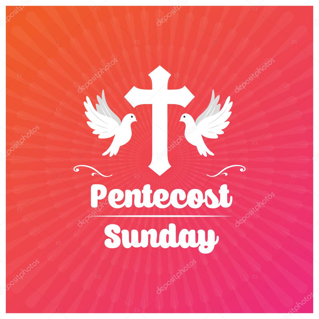 Pentecost Sunday banner with white doves and cross on red background