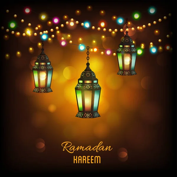 Hangende verlichte ingewikkelde Arabisch Lamp met op glanzend abstracte nacht achtergrond voor Ramadan Kareem. — Stockvector