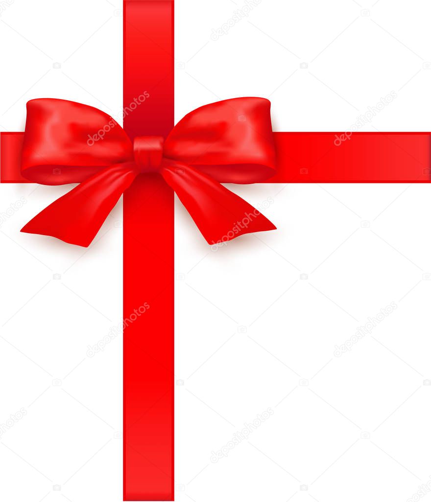 Shiny red satin ribbon on white background. Vector red bow. Red bow and red ribbon.