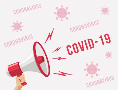 Uyarı Covid-19 mesajlı megafon, Corona, grip virüsleri. Vektör illüstrasyonu. 