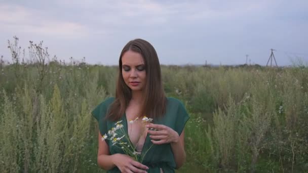 Chica en ropa interior con flores en el campo — Vídeos de Stock