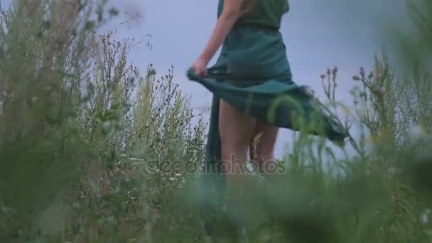 Молодая женщина бежит по полю — стоковое видео