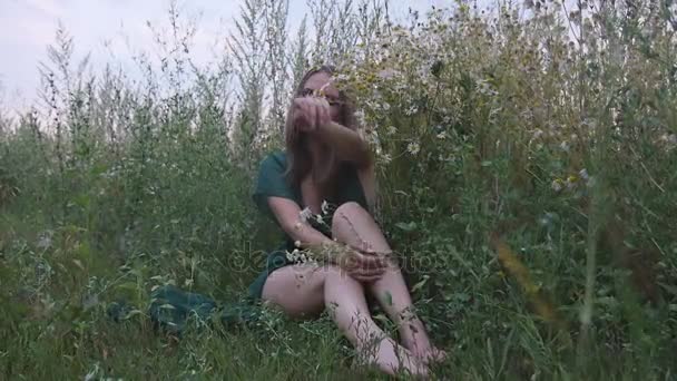 Sexy chica sentada en el campo con flores — Vídeo de stock