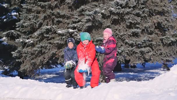 Трое счастливых детей бросают снег в воздух одновременно — стоковое видео