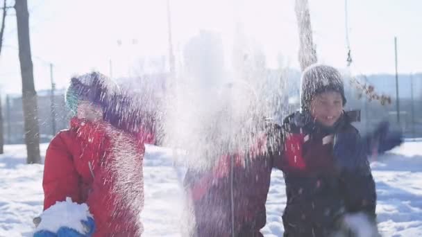 Tres niños felices lanzando nieve al aire a la vez — Vídeos de Stock