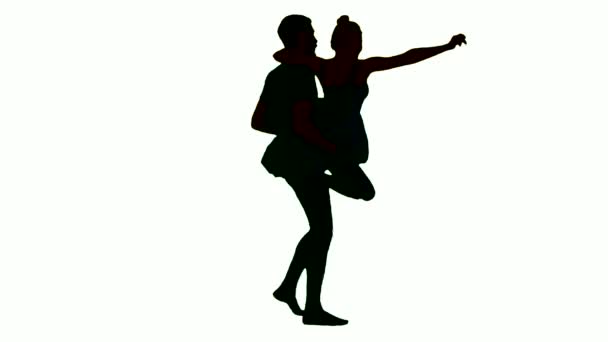 白い背景の上のバレエ ダンサーのダンスのカップルのシルエット — ストック動画