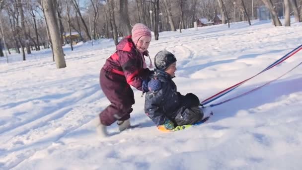 Barn leker i snön i vinter — Stockvideo