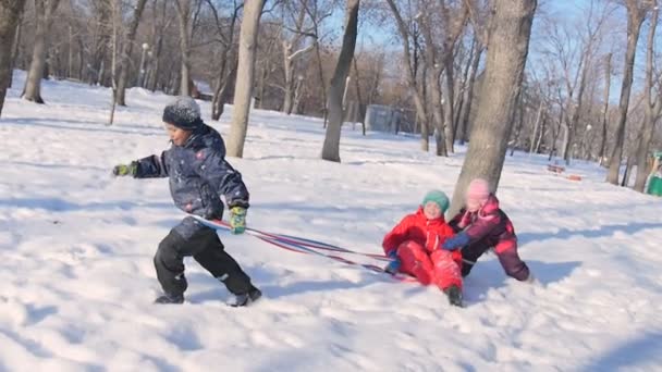 Barn leker i snön i vinter — Stockvideo