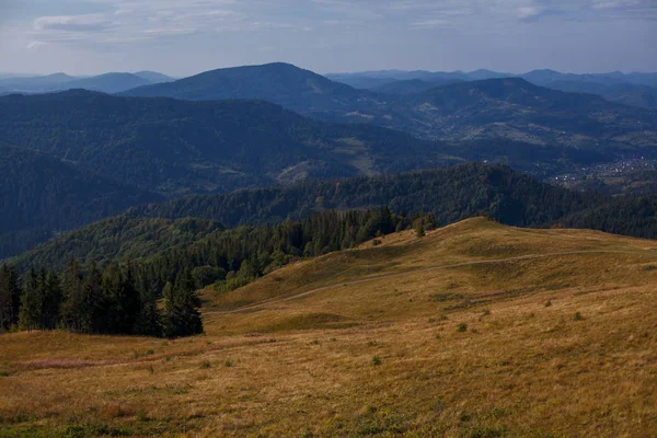 bir arka plan dağlar ve mavi gökyüzü bulutlu sonbahar çimleri kurutulmuş