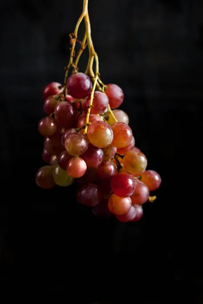 Um monte de uvas vermelhas em um fundo preto com gotas de orvalho — Fotografia de Stock