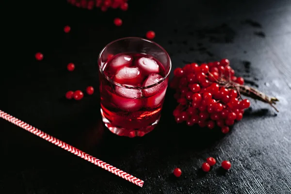 A foggy glass with a red cocktail of ice and guelder rose on a black, wet background — Stock Photo, Image
