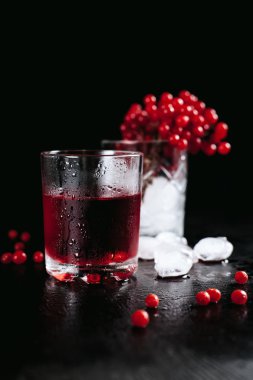 Kış cam buz ve ıslak siyah zemin üzerine kırmızı meyveler kırmızı kokteyl ve saman, cam