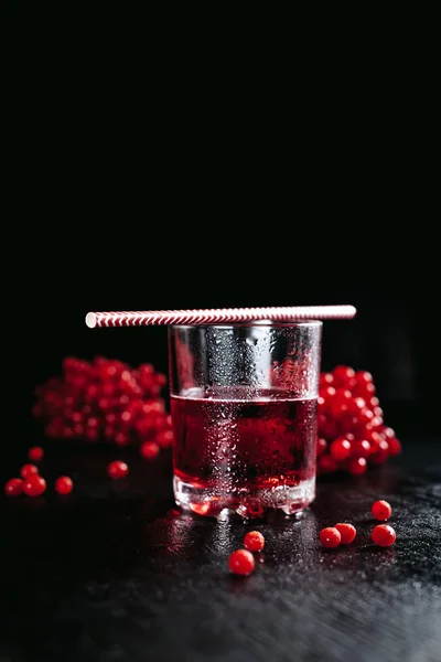 Um copo de nevoeiro com um coquetel vermelho e uma rosa guelder, em um fundo molhado preto — Fotografia de Stock