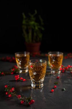 gözlük ile portakal suyu ve dalları ile karanlık ıslak zemin üzerine kırmızı meyveler