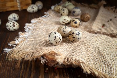 ahşap bir masa üzerinde peçeteye bıldırcın yumurtası