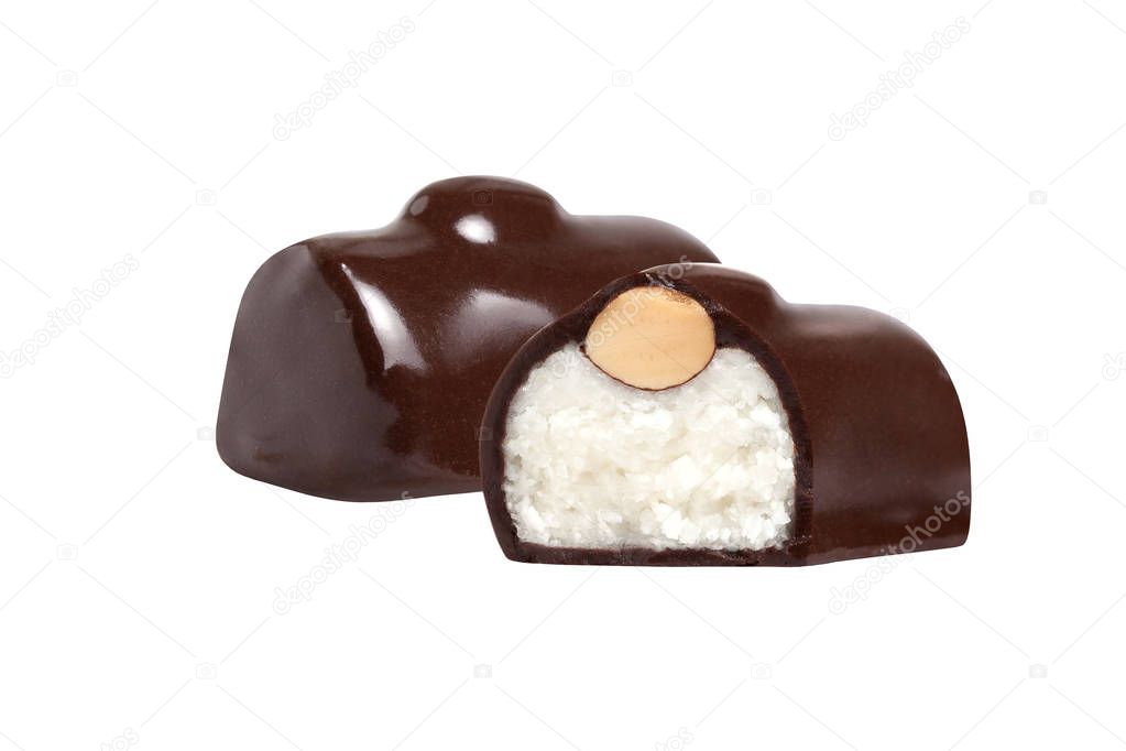 chocolate candy macro shot with nuts and delicious filling on white background, isolates
